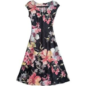 Komarov Floral Crinkle Midi Dress Large‎ Blue Pink Lace Cap Sleeve Cottagecore